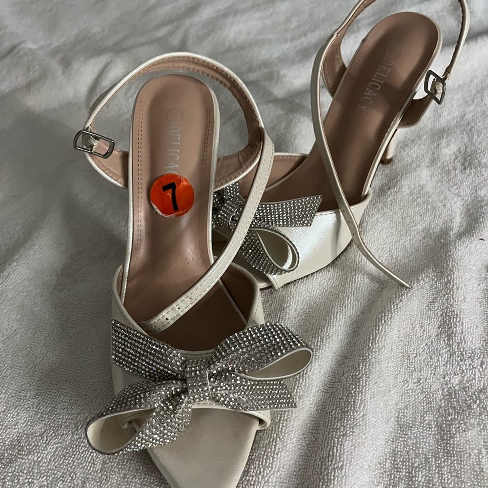 Fashion Nova White Heels with Sparkling Bow